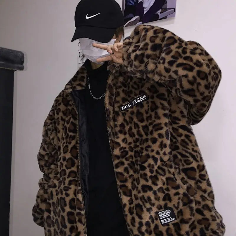 2023 Winter Jacket, Men's Outerwear Fur Leopard Casual Loose Parkas