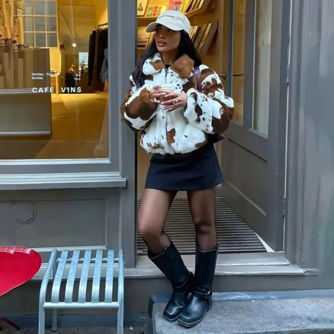 Cow Print Faux Fur Cropped Jacket