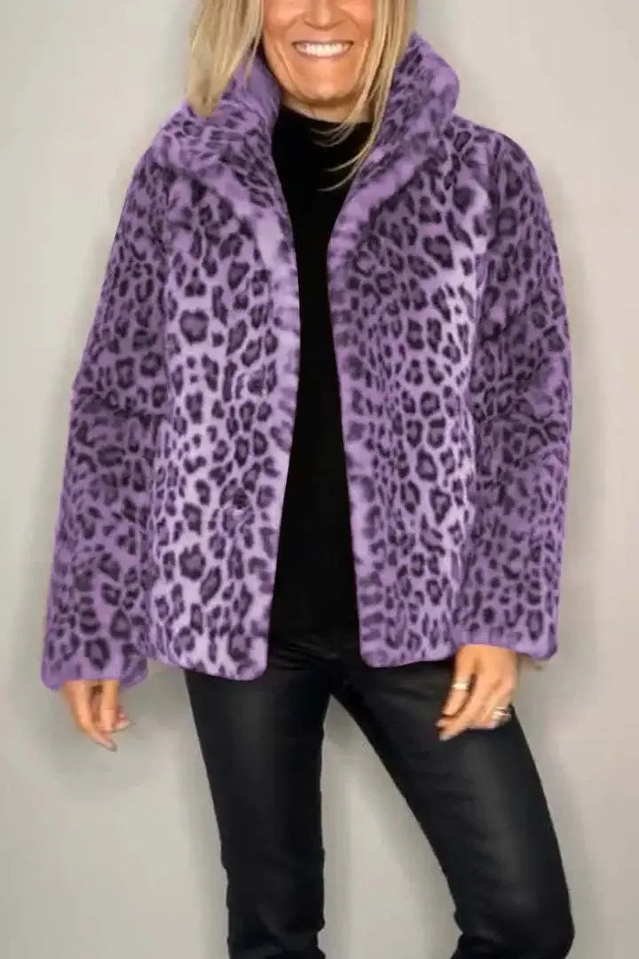Fashionable Leopard Print Plush Mid-Length Jacket