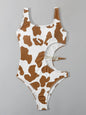 2025 Cow Print Rib Cut-out One Piece Swimsuit