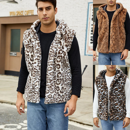 Winter Men's Leopard Casual Trendy Sleeveless Hooded Faux Fur Vest