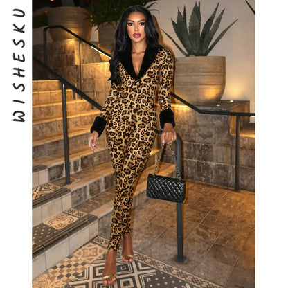 Wild Slim Fit Long Sleeve Leopard Print Jumpsuits