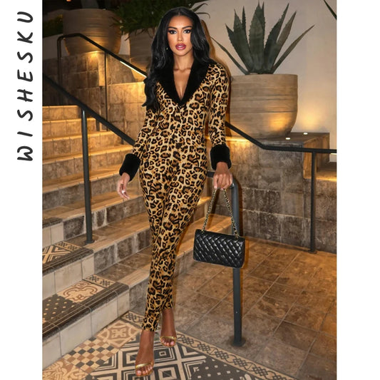 Wild Slim Fit Long Sleeve Leopard Print Jumpsuits