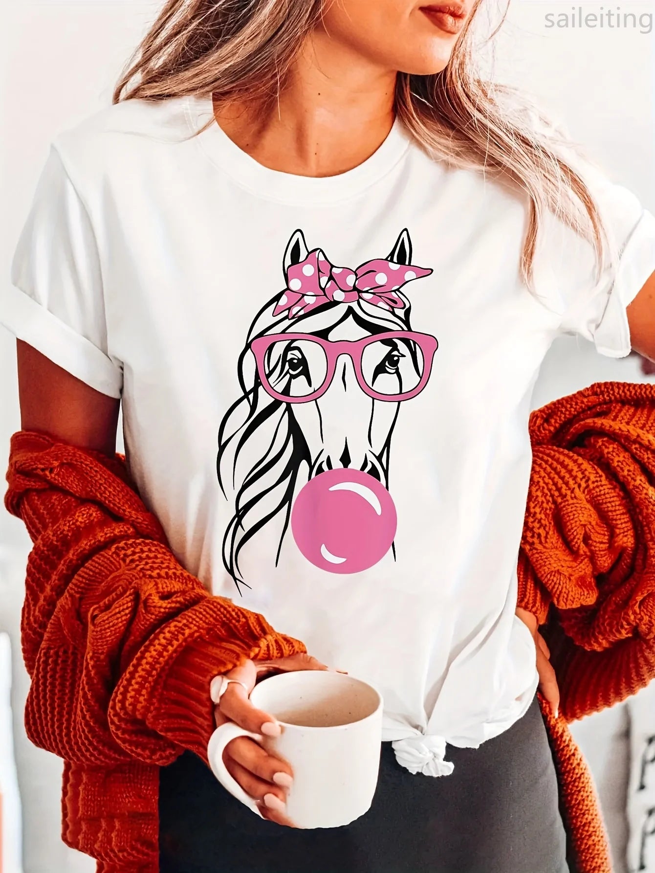 Horse Print Crew Neck T-shirt