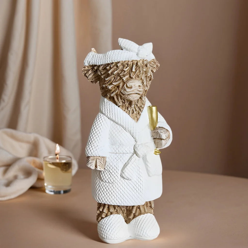 1 Country Style Highland Cow Holding Champagne Decorative Statue