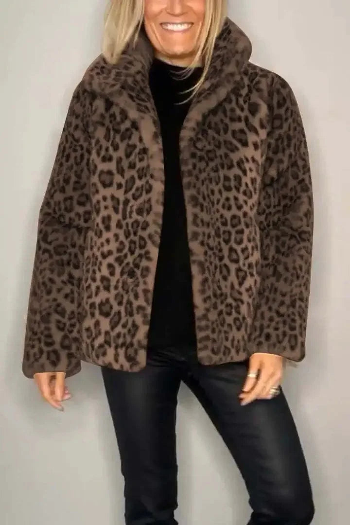 Fashionable Leopard Print Plush Mid-Length Jacket