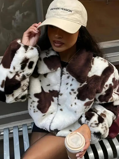 Cow Print Faux Fur Cropped Jacket