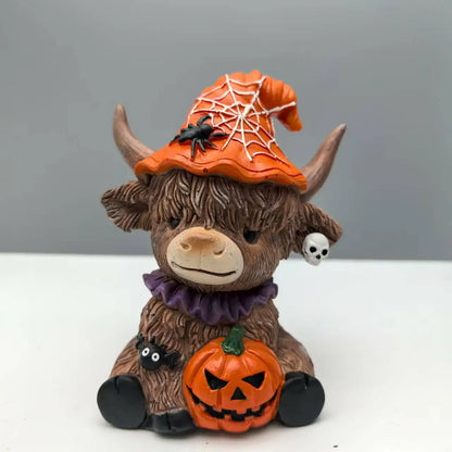 Halloween Spider, Pumpkin Highland Cow Desktop Statue
