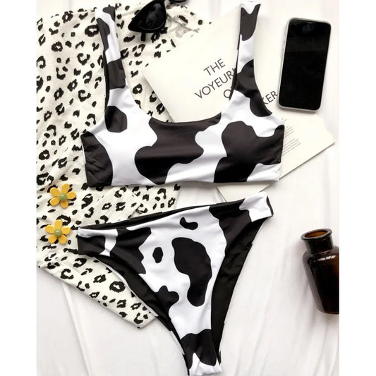Cow Print Bikini High Waist Tankini Two Piece Swim Suit