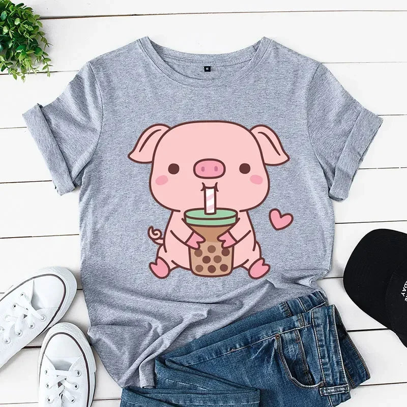 Cute Pig With Boba Tea Printed Women's T-shirts