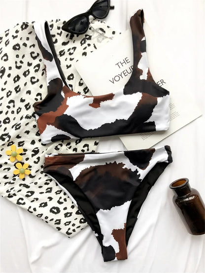 Cow Print Bikini High Waist Tankini Two Piece Swim Suit