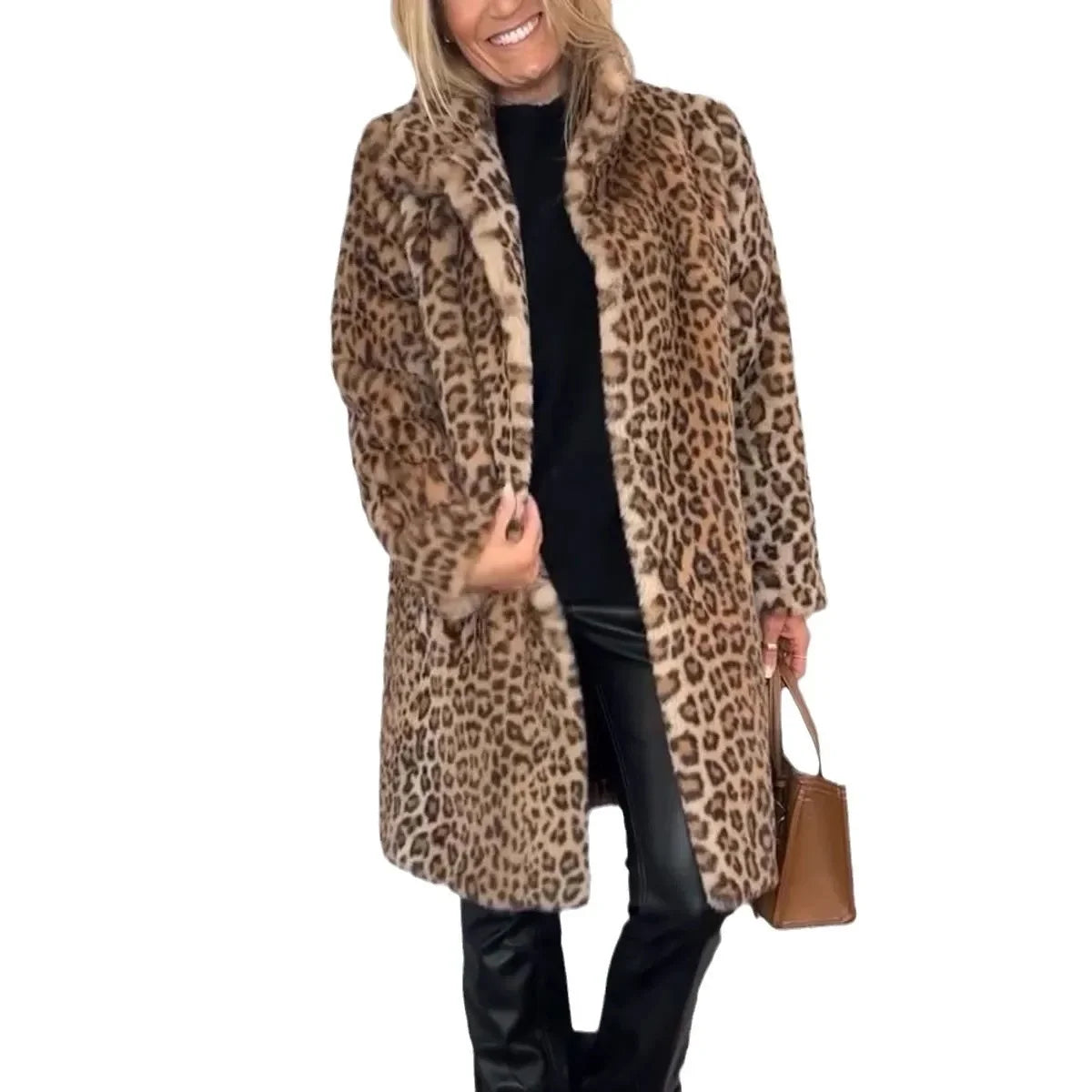Fashionable Leopard Print Plush Mid-Length Jacket