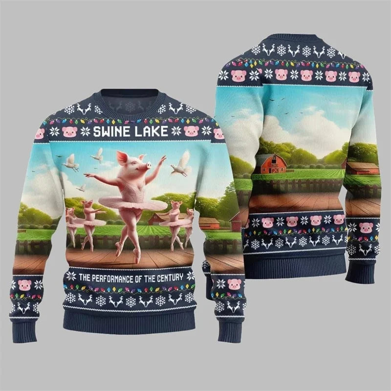 Festival Funny Pig Print Christmas Sweater For Men & Women