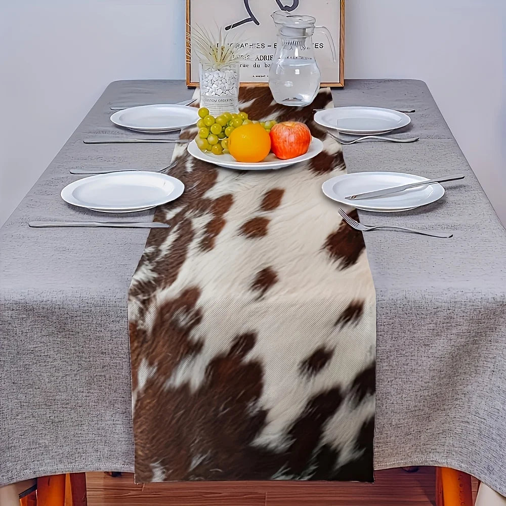 Brown Cowhide Printed Linen Table Runner
