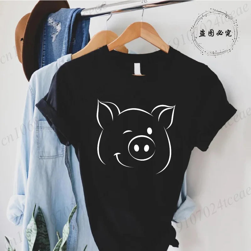 Cute Cartoon Pig Print Women's Summer T Shirt