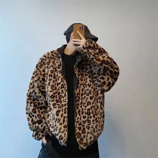 Double-Sided American Retro Cotton Jacket With Leopard Print Design