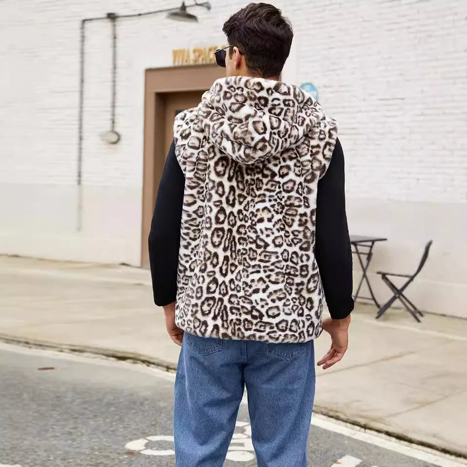 Winter Men's Leopard Casual Trendy Sleeveless Hooded Faux Fur Vest