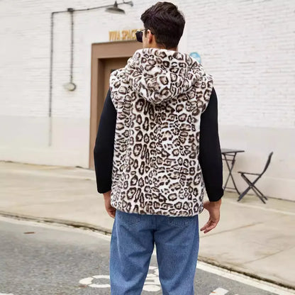 Winter Men's Leopard Casual Trendy Sleeveless Hooded Faux Fur Vest