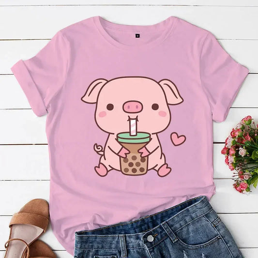 Cute Pig Boba Tea Print Women Casual T-shirts