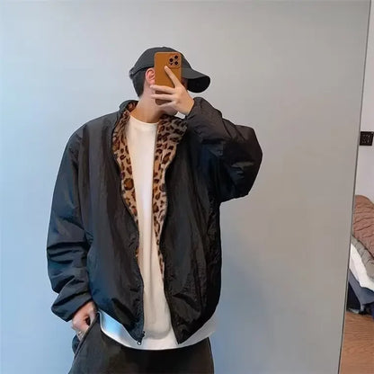 Double-Sided American Retro Cotton Jacket With Leopard Print Design