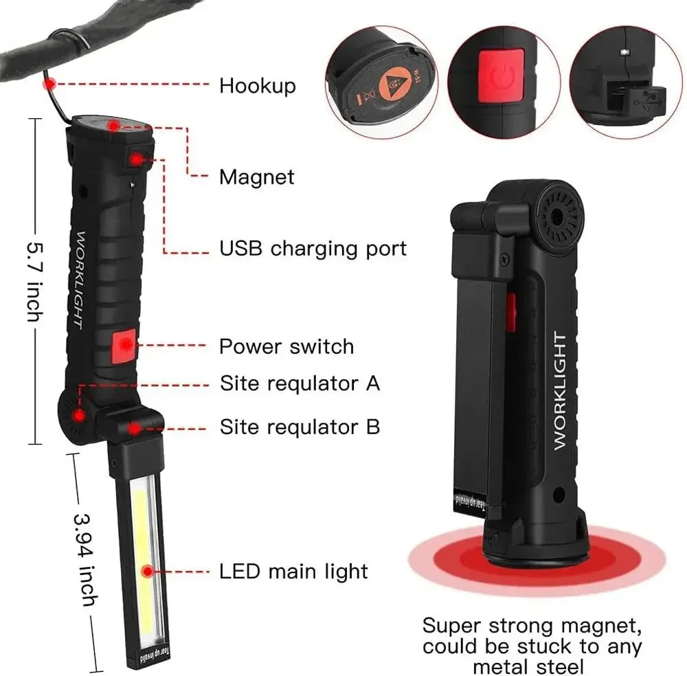 LED Flashlight, Rechargeable Work Light With Hanging Hook & Magnet