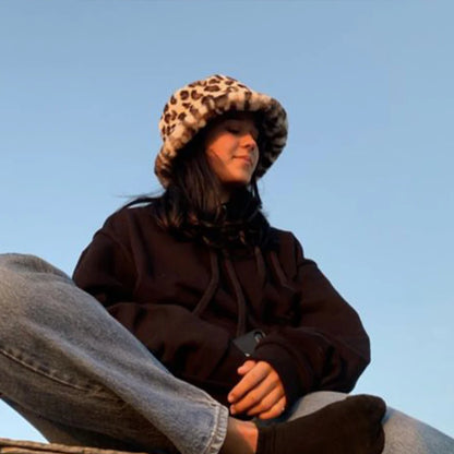 Leopard Print Winter Warm Plush Bucket Hat