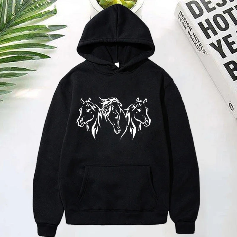 Three Horse Head Pattern Printed Hoodies