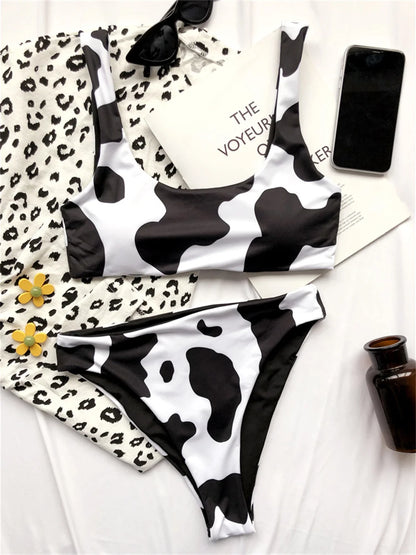 Cow Print Bikini High Waist Tankini Two Piece Swim Suit