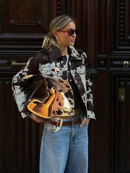 2025 Cow Printed Single Breasted Turn Down Collar Jacket