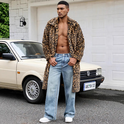 Leopard Print Men's Faux Fur Coat