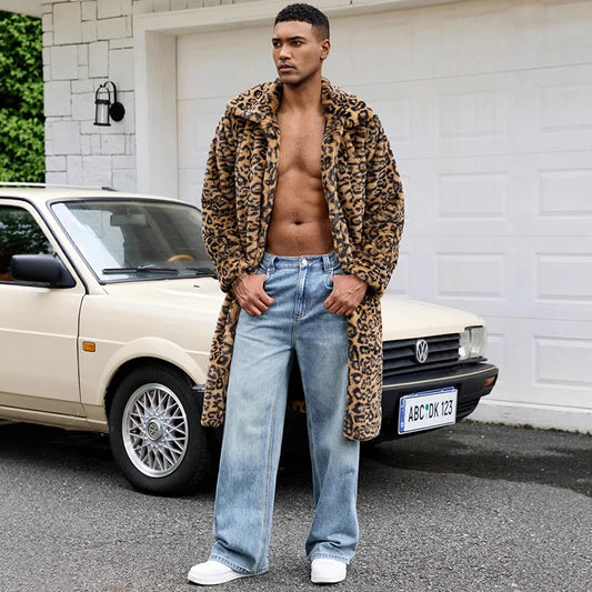 Leopard Print Men's Faux Fur Coat