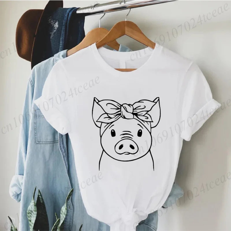 Cute Cartoon Pig Print Women's Summer T Shirt