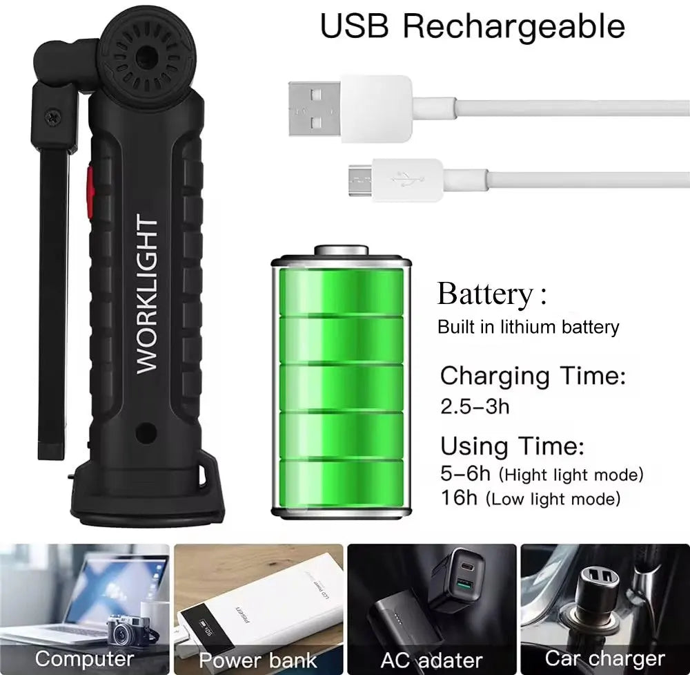LED Flashlight, Rechargeable Work Light With Hanging Hook & Magnet