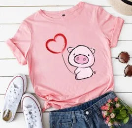 Heart Pig Print Women T Shirt Short Sleeve