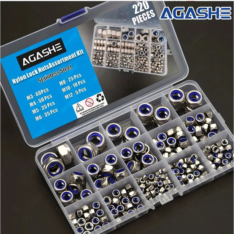 170/220/240pcs Stainless Steel Metric Locknut Kit