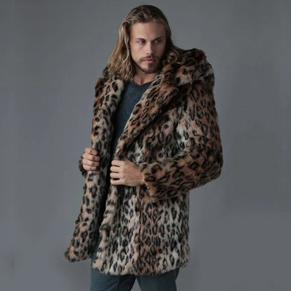 Luxury Men's Winter Leopard Faux Fur Coat