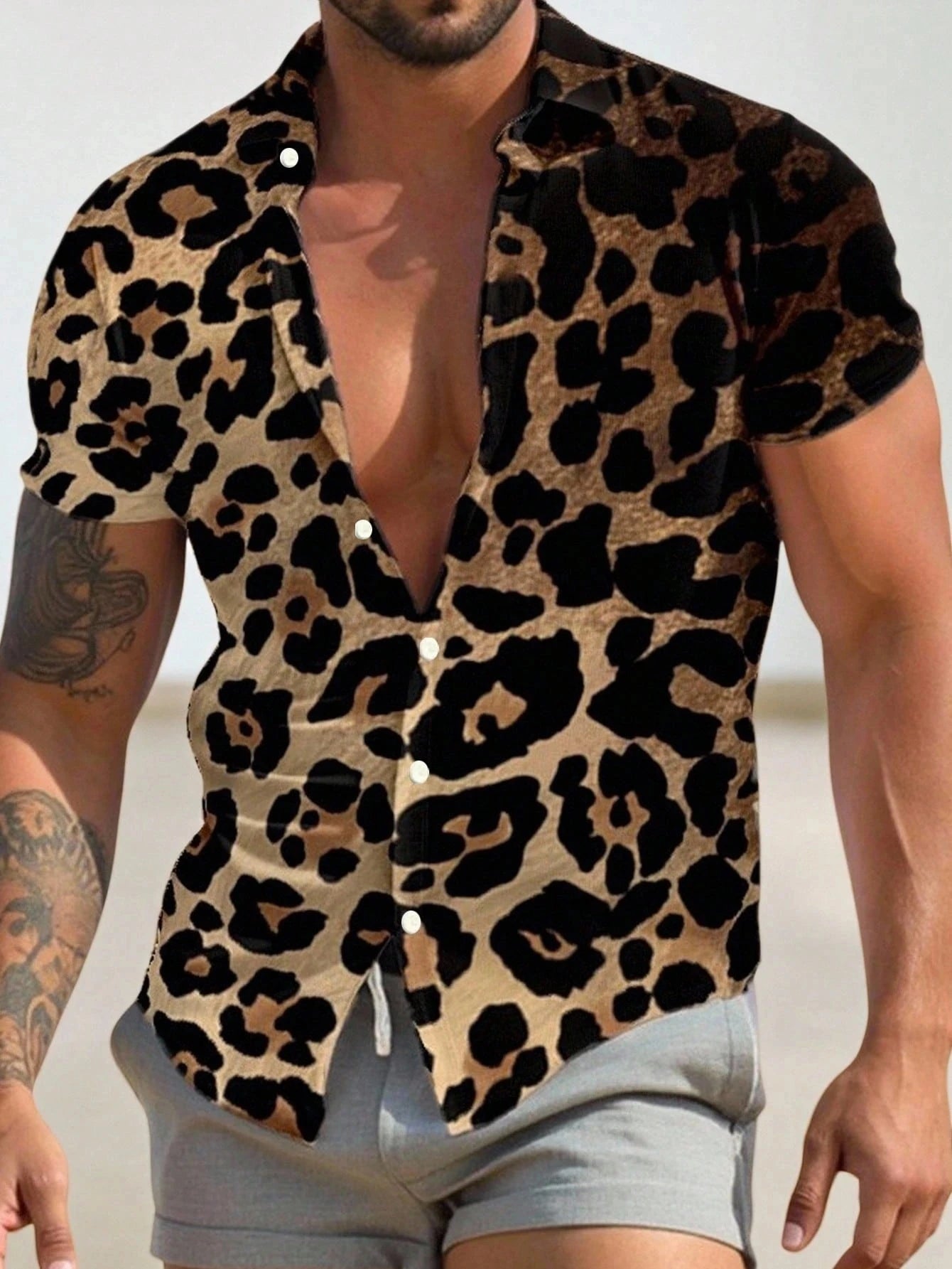 Summer Beach Leopard Pattern Print Men's Button Up Shirt