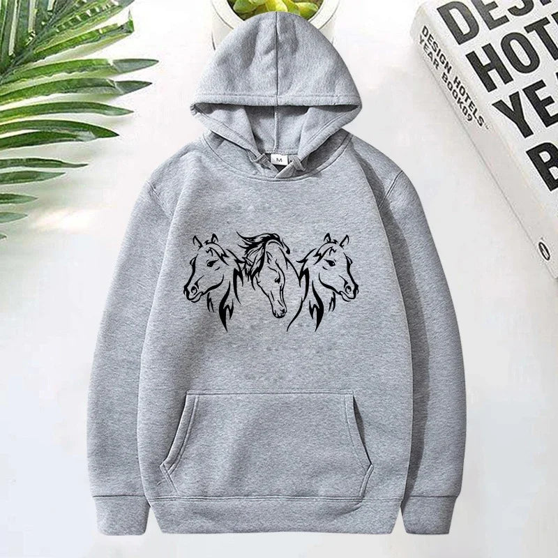 Three Horse Head Pattern Printed Hoodies