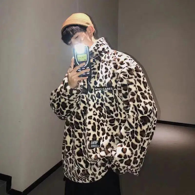 2023 Winter Jacket, Men's Outerwear Fur Leopard Casual Loose Parkas