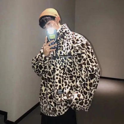 2023 Winter Jacket, Men's Outerwear Fur Leopard Casual Loose Parkas