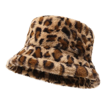 Leopard Print Winter Warm Plush Bucket Hat