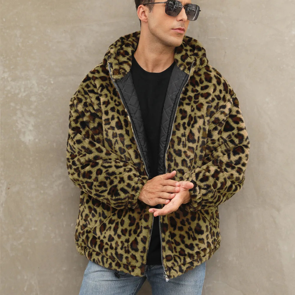 Men's Leopard Casual Loose Zipper Hooded