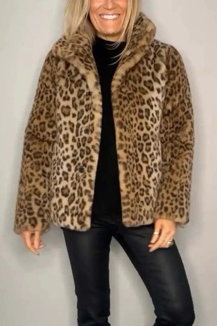 Fashionable Leopard Print Plush Mid-Length Jacket
