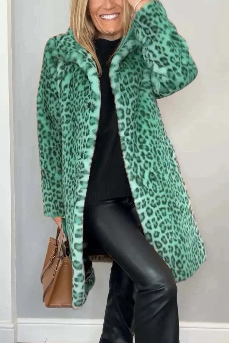 Fashionable Leopard Print Plush Mid-Length Jacket
