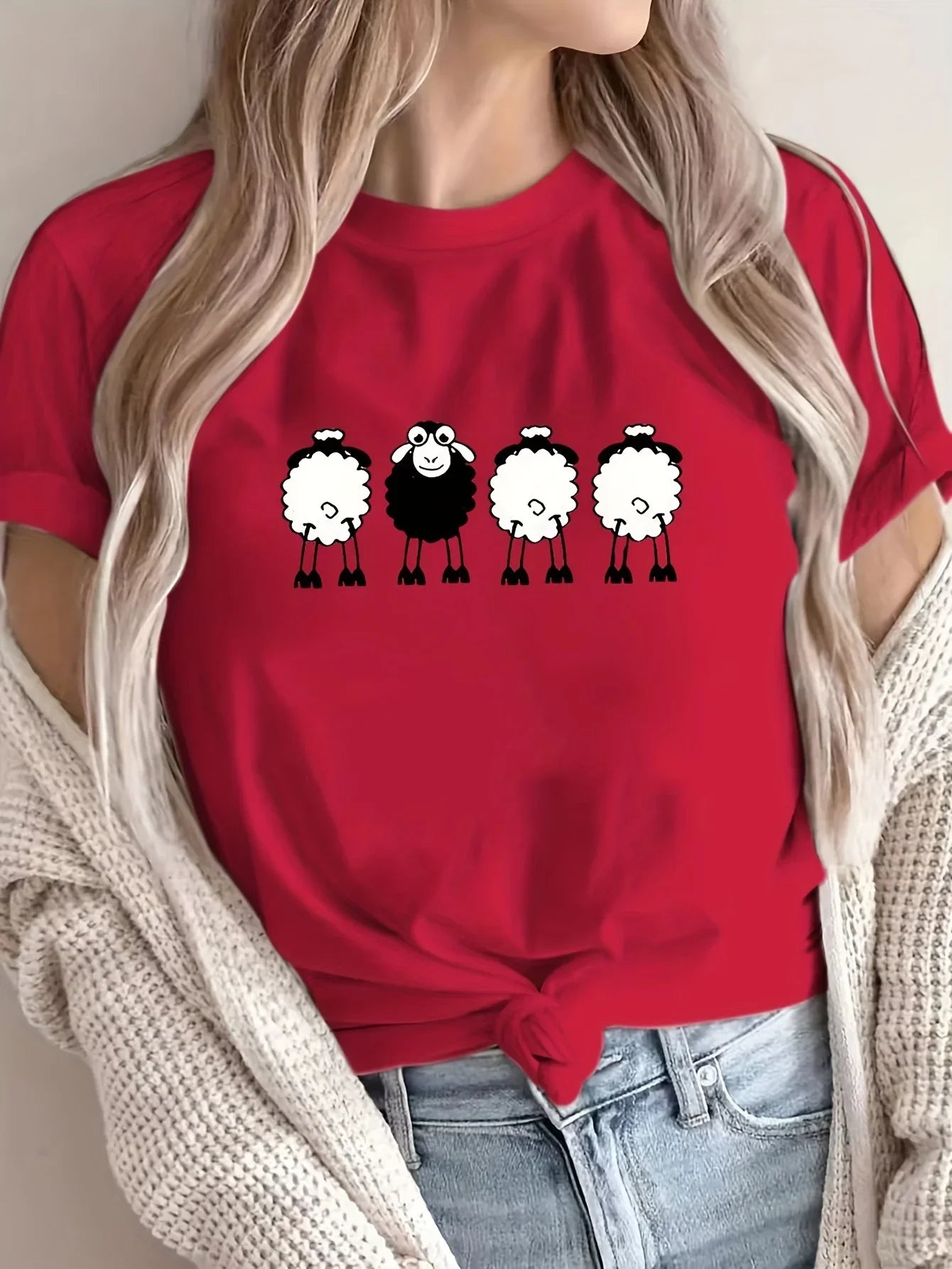 Casual Short Sleeve Top With Four Sheep Cartoon Printed Design
