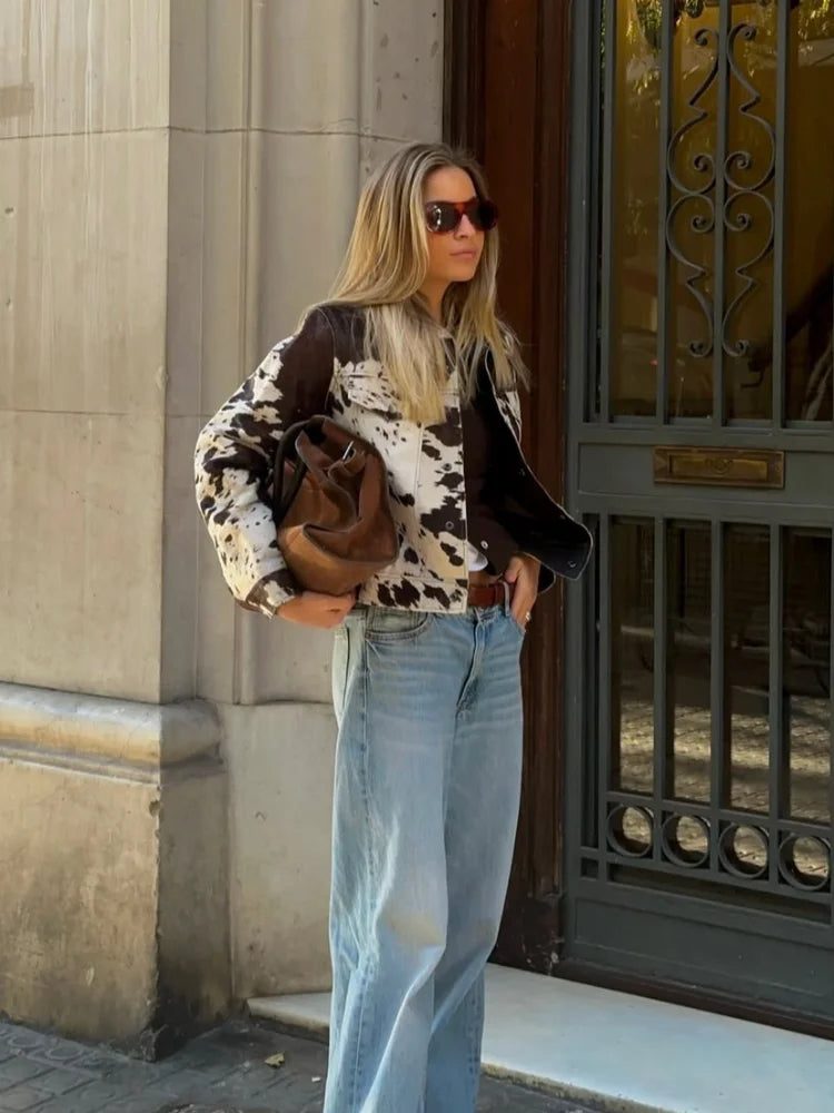 2025 Cow Printed Single Breasted Turn Down Collar Jacket