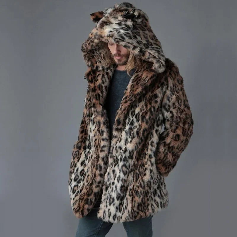 Luxury Men's Winter Leopard Faux Fur Coat
