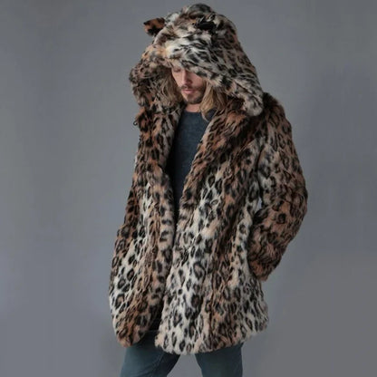 Luxury Men's Winter Leopard Faux Fur Coat