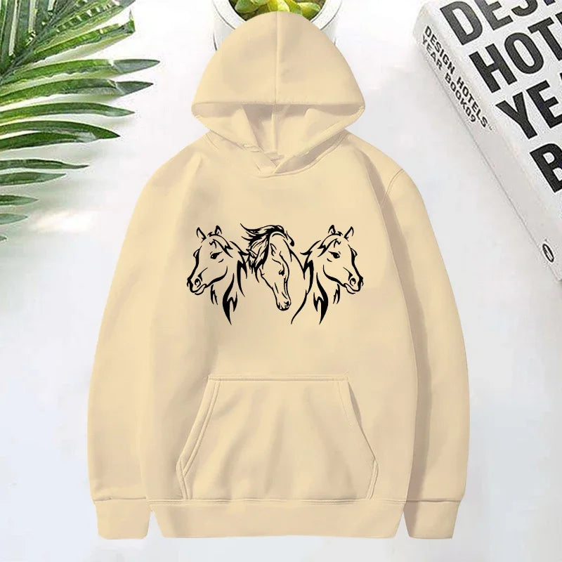 Three Horse Head Pattern Printed Hoodies