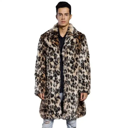 Leopard Print Faux Fur Men's Suit Collar Jacket